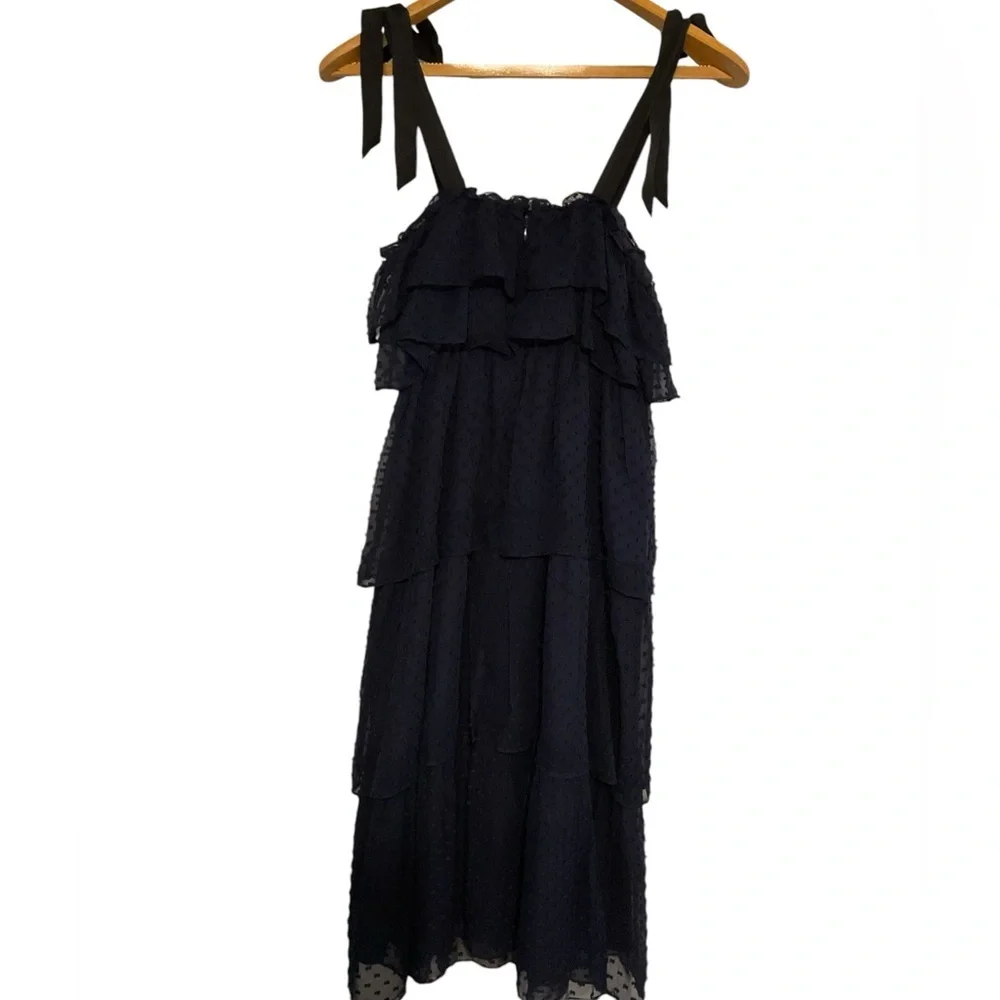 J.Crew Navy Blue Polka Dot Spaghetti Strap Sundress Size layered Ruffles Size 4‎